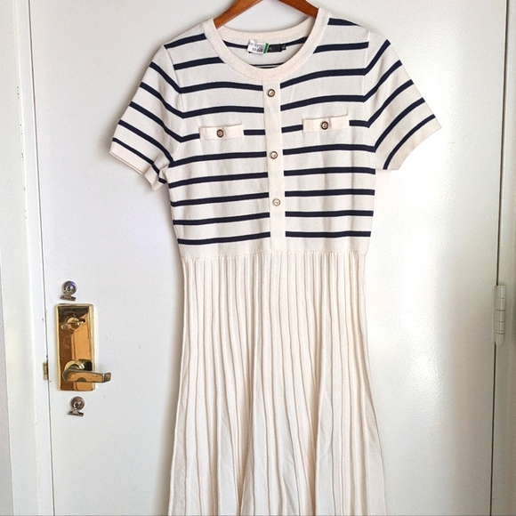 Zesica Midi Striped Crewneck Short Sleeve Knit Button Pleated Swing Dress XL - Picture 9 of 16